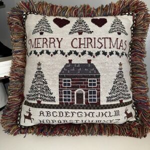 Christmas Tapestry Throw Pillow HOUSE ALPHABET  14"x 14" Cottage Granny core